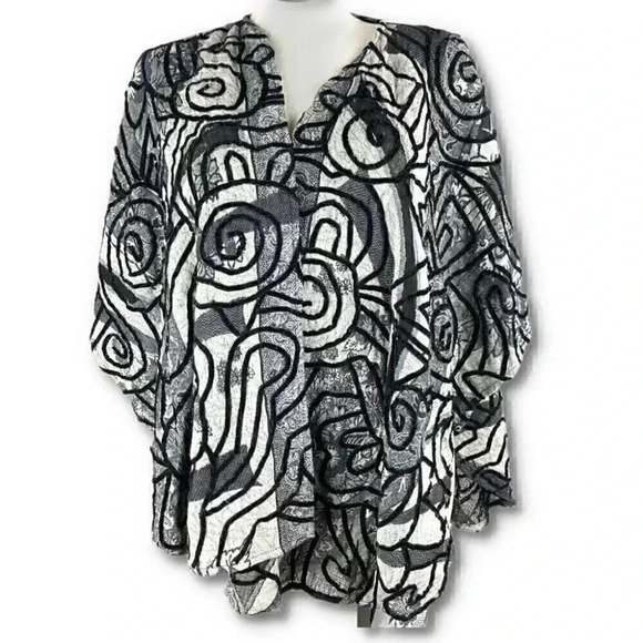 Chico’s shawl sweater one size black gray artsy geometric print open front - Picture 8 of 8